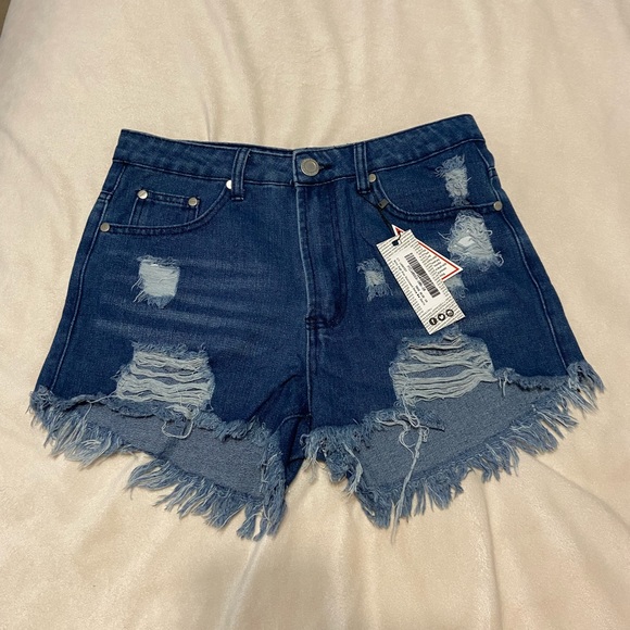 BooHoo Blue High Rise Distressed Shorts - Picture 2 of 4